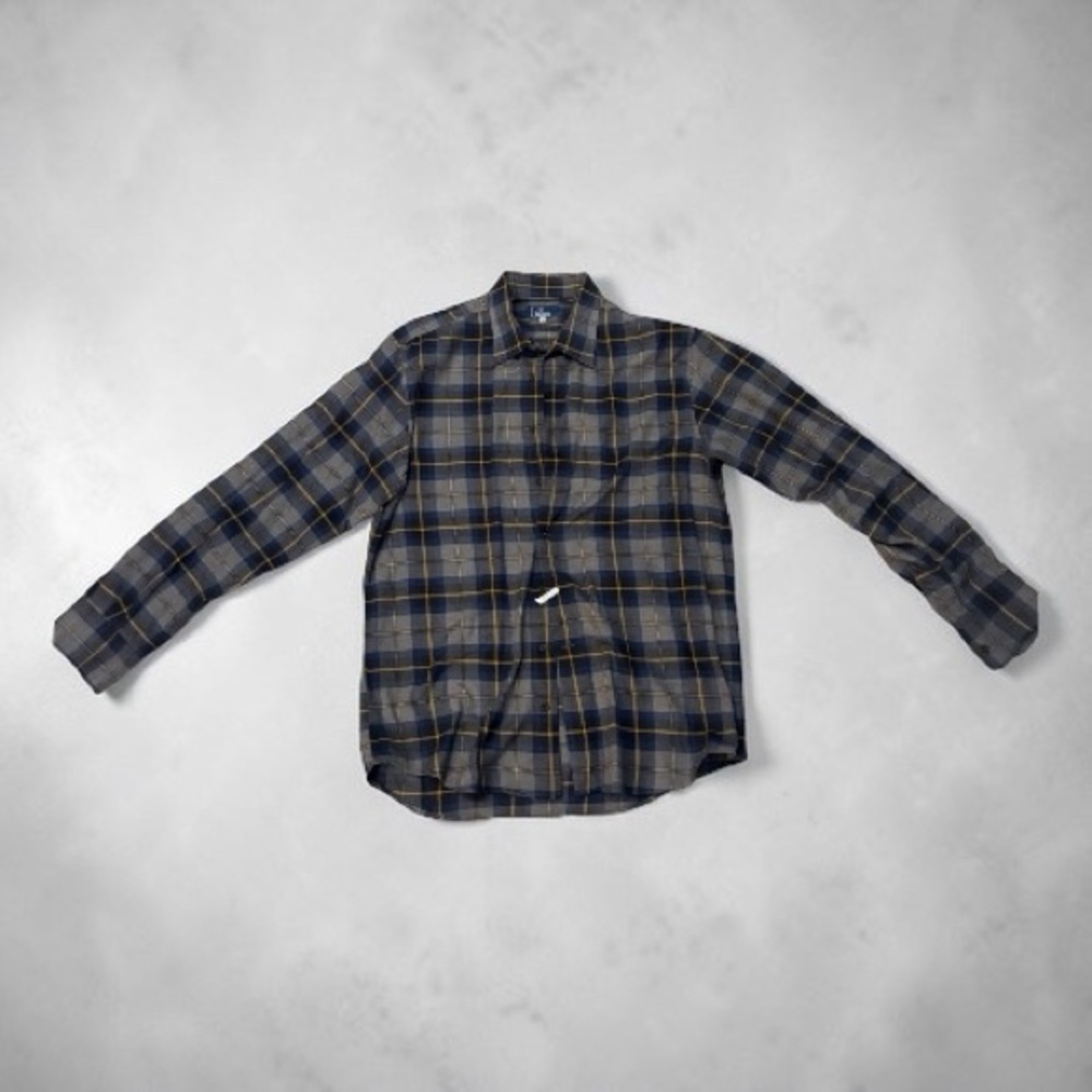 Arnau Barcelona Men's Navy, Gray and Tan Plaid Button-Down Shirt